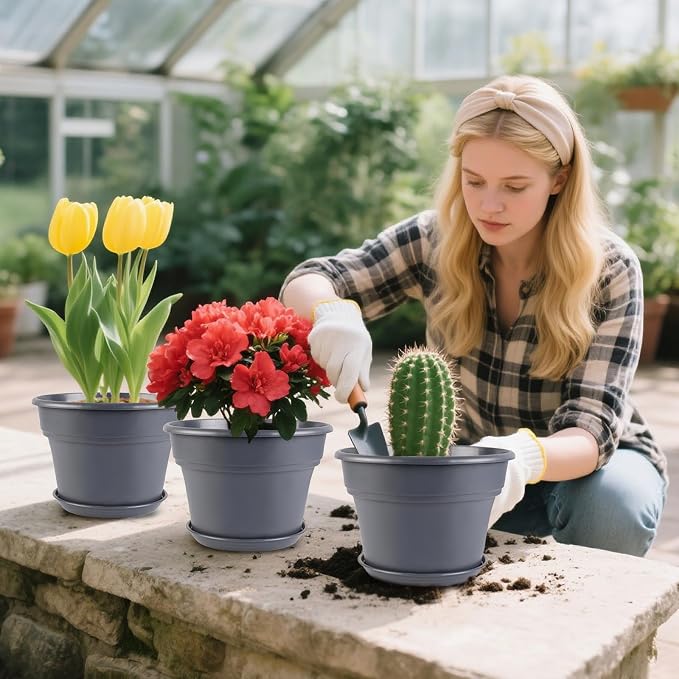 Myfeegoin 6-inch-Plant-Pots-Indoor-Outdoor, 6 Pack Plastic Planters with Drainage Holes & Saucers, Resin Flower Pots with Trays, Classic Garden Pot Container for House