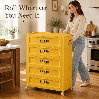 Foldable Storage Cabinet with Doors & Locking Wheels, 5-Tier Large-Capacity Organizer, No-Tool Setup, Impact-Resistant ABS Construction for Dorm, Pantry, Laundry, and Living Spaces