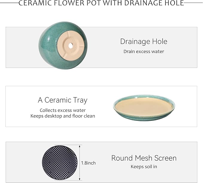 10.3 Inch Ceramic Planter with Saucer,Modern Garden Pots with Drainage Hole Mesh Net, for Indoor Outdoor Use (Blue-Green)