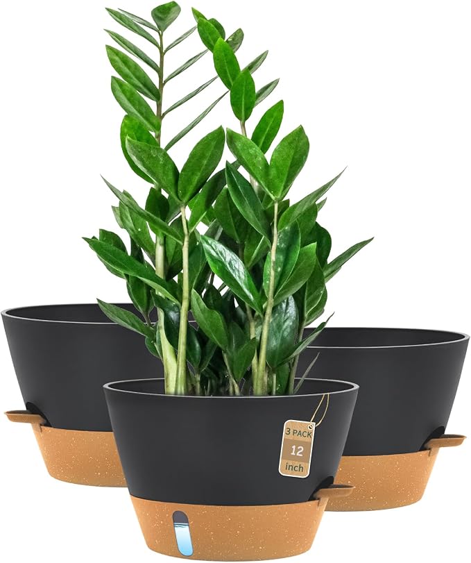12 Inch Self Watering Pot with Visual Water Window, Drainage Holes & Watering Lip, Set of 3 Large Plastic Planters for Indoor Outdoor Plants, Modern Decorative Flower Pot (Grey)