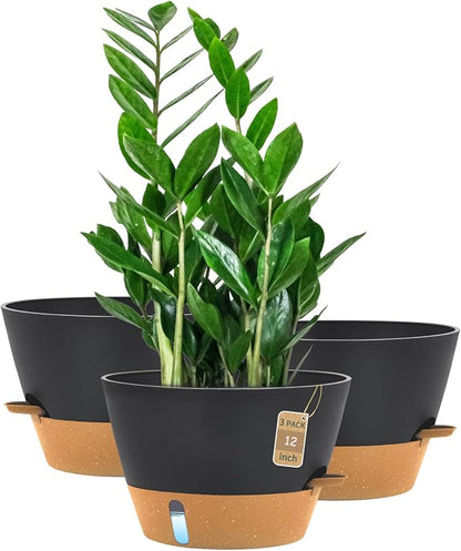 12 Inch Self Watering Pot with Visual Water Window, Drainage Holes & Watering Lip, Set of 3 Large Plastic Planters for Indoor Outdoor Plants, Modern Decorative Flower Pot (Grey)