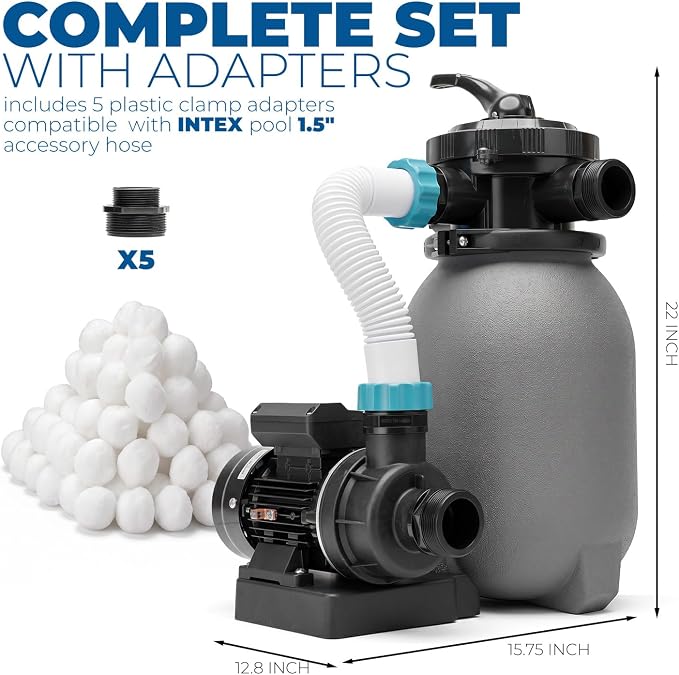 XtremepowerUS 10" Sand Filter Pump System for Above Ground Swimming Pool Multi-Port Valve Swimming Pool Filter With Timer System & Filter Ball Set