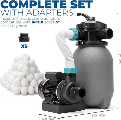 XtremepowerUS 10" Sand Filter Pump System for Above Ground Swimming Pool Multi-Port Valve Swimming Pool Filter With Timer System & Filter Ball Set