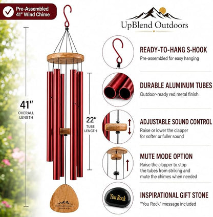 Red Wind Chimes for Outside Deep Tone, 41 Inch Hand Tuned B Major Pentatonic Alto Wind Chime with Decorative Kindness Stone, Outdoor Garden Patio Porch Decor, Meaningful Sympathy Memorial Gift