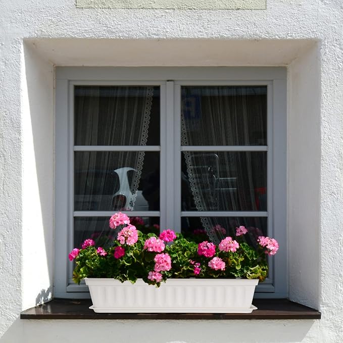 HOXHA 6 Pack Window Box Planter, 17 Inches Vegetable Flower Plastic Planter Boxes with Tray, Rectangular Planter Indoor and Outdoor Flower Pots for Windowsill, Patio, Porch, Garden Balcony, White