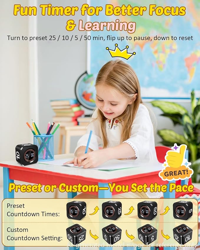 Digital Pomodoro Timer Cube 5/10/25/50min, Visual Productivity Flip Timer for Kids Classroom Desk, Custom Countdown, Silent and Sound Mode for ADHD Study Work Game Kitchen (Black)