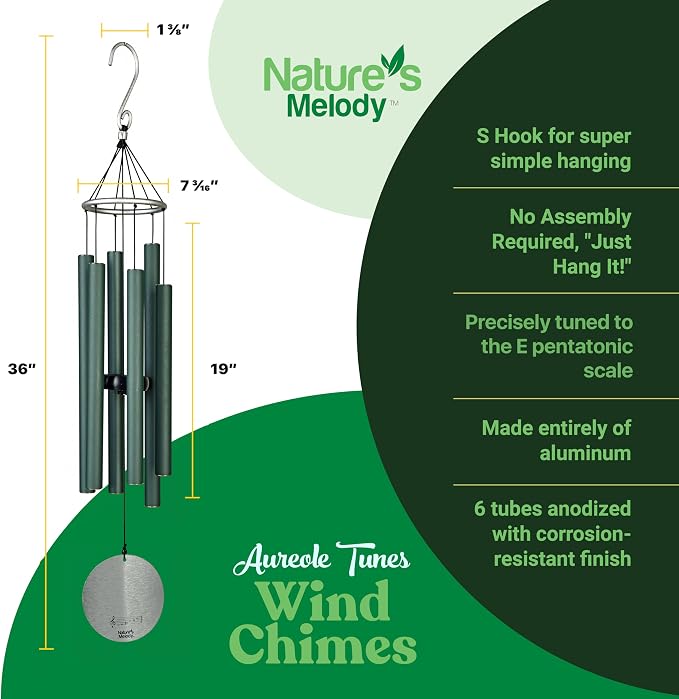 Nature’s Melody Aureole Tunes Wind Chimes – Outdoor Windchime with 6 Tubes Tuned to E Pentatonic Scale, 100% Rustproof Aluminum, Powder Finish & S Hook Hanger for Sympathy, Memorial Gift or Zen Garden