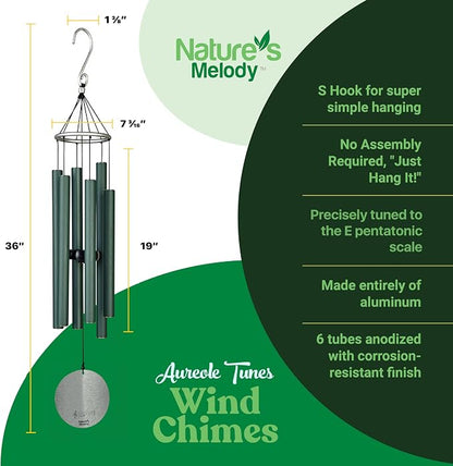 Nature’s Melody Aureole Tunes Wind Chimes – Outdoor Windchime with 6 Tubes Tuned to E Pentatonic Scale, 100% Rustproof Aluminum, Powder Finish & S Hook Hanger for Sympathy, Memorial Gift or Zen Garden