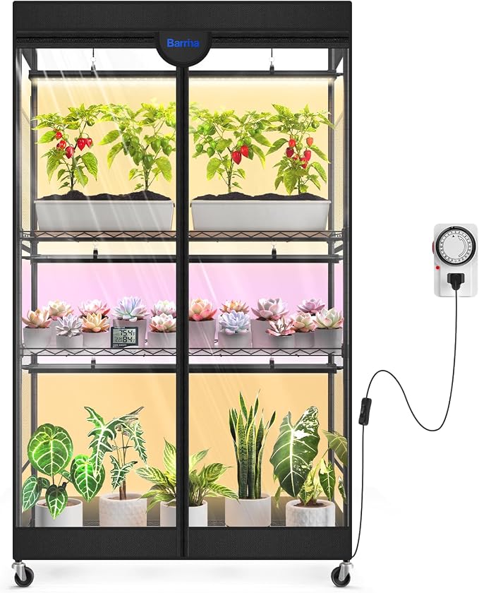 Barrina LP900 Mini Greenhouse with Grow Lights, 4-Tier Plant Stand with 135W TX-S45 3FT 3 Adjustable Full Spectrum Lights , Plant Shelf with Tent Timer & Thermometer for Seed 35.4 x 13.8 x 59.1IN