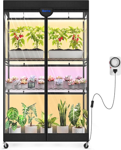 Barrina LP900 Mini Greenhouse with Grow Lights, 4-Tier Plant Stand with 135W TX-S45 3FT 3 Adjustable Full Spectrum Lights , Plant Shelf with Tent Timer & Thermometer for Seed 35.4 x 13.8 x 59.1IN