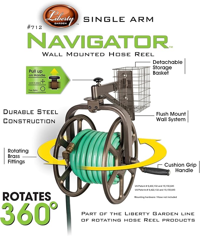 Liberty Garden 880-2 Industrial 2-Wheel Pneumatic Tires Garden Hose Reel Cart - Gray & Arm Navigator Multi-Directional Garden Hose Reel, Holds 125-Feet of, 5/8-Inch, Bronze