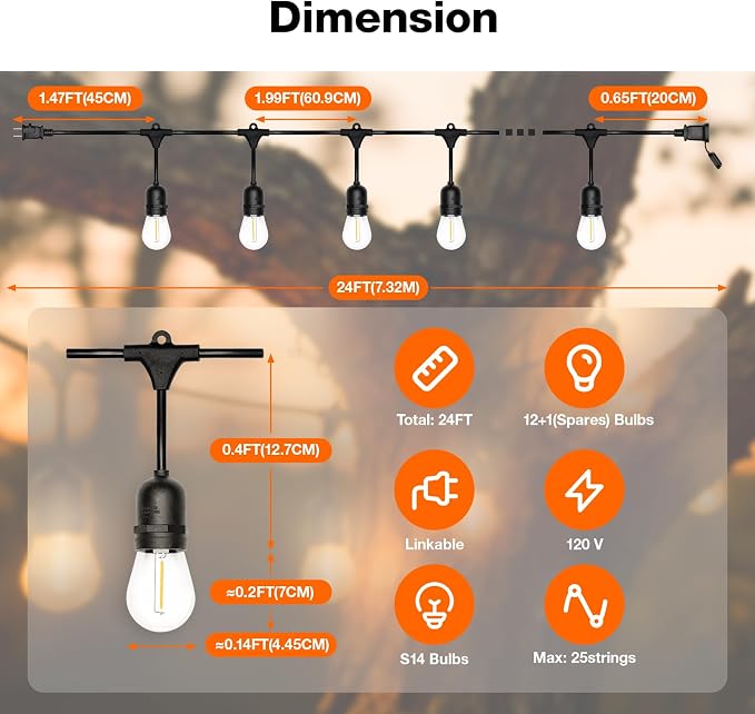 LEDVANCE 24-ft Outdoor String Lights, Edison Shatterproof S14 Bulbs, Linkable, String Lights for Outside/Indoor, IP65 Wet Rated, 2200K, Amber Glow, Extra Bulb Included - 1 Pack (63193)