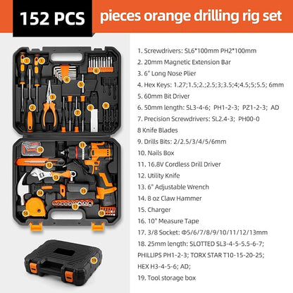16.8V Brushless Cordless Drill Driver Kit 158PCS, Household DIY Hand Power Tool Combo Set for Professional Garden Office Home Repair Orange