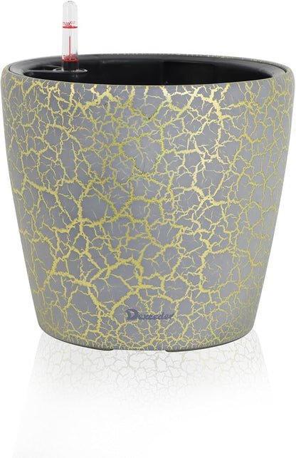 Dexceder 9x8 Self Watering Planter (Grey Gold Crackle) | Inner Pot Design, Thickened Table Flower Plant Pot with Water Level Indicator Indoor Outdoor