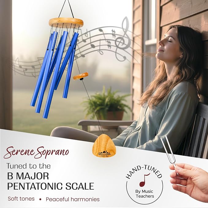 Blue Wind Chimes for Outside Deep Tone, 29 Inch Hand Tuned B Major Pentatonic Soprano Wind Chime with Decorative Kindness Stone, Outdoor Garden Patio Porch Decor, Meaningful Sympathy Memorial Gift