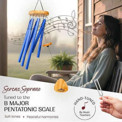Blue Wind Chimes for Outside Deep Tone, 29 Inch Hand Tuned B Major Pentatonic Soprano Wind Chime with Decorative Kindness Stone, Outdoor Garden Patio Porch Decor, Meaningful Sympathy Memorial Gift