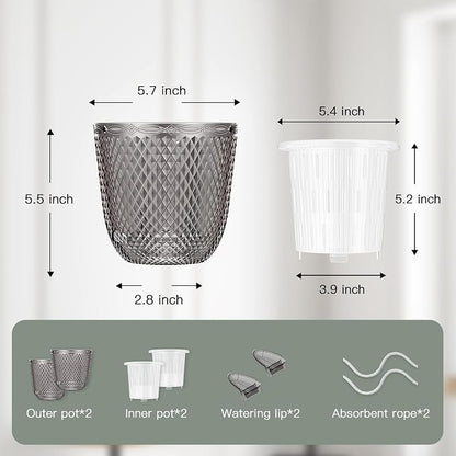 QCQHDU 2 Pack Self Watering Pots, 5.7 Inch, with Drainage Holes, Gray | Plastic Garden Planter with Water Filling Port for Indoor Plants