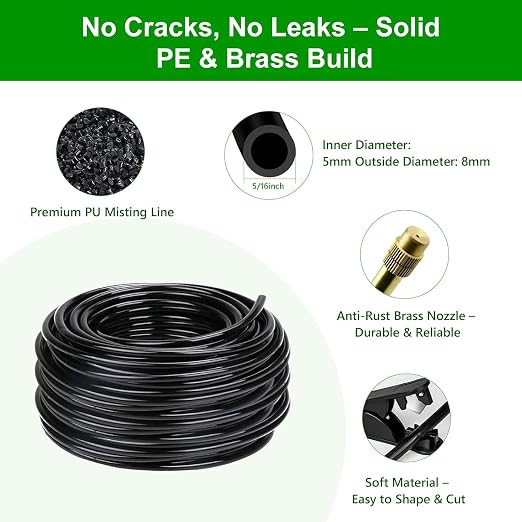 50FT Drip Irrigation System for Garden – Automatic Watering Kit with Solid Brass Metal Connectors, 360° Bendable Tubing &16 Adjustable Nozzles for Greenhouse, Lawn, Yard & Plants