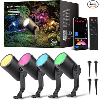 CDN Smart Landscape Spotlights, 4 Pack RGBCW Outdoor Lights, IP65 Waterproof & Dimmable, Compatible with Alexa/Google Assistant, for Garden Yard Pathway Decor