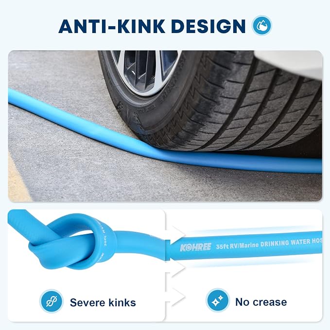 Kohree 35FT RV Water Hose with Storage Bag, 5/8'' Upgraded Drinking Water Hose Leak Free, No Kink and Flexible Garden Hose for RV, Camper, Truck, Car - Blue