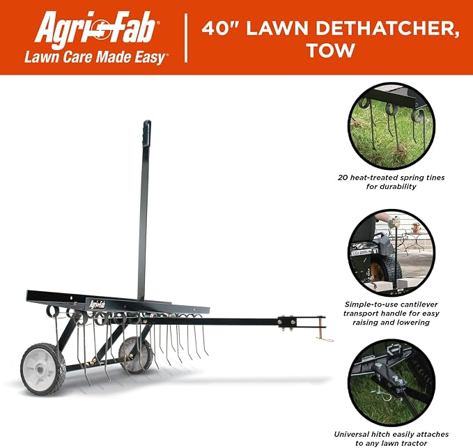 Agri-Fab 45-0294 40in Tow Behind Lawn Dethatcher, 20 Durable Spring Steel Tines Lawn dethatcher, Designed to pull behind Lawn and Garden Tractors, Black