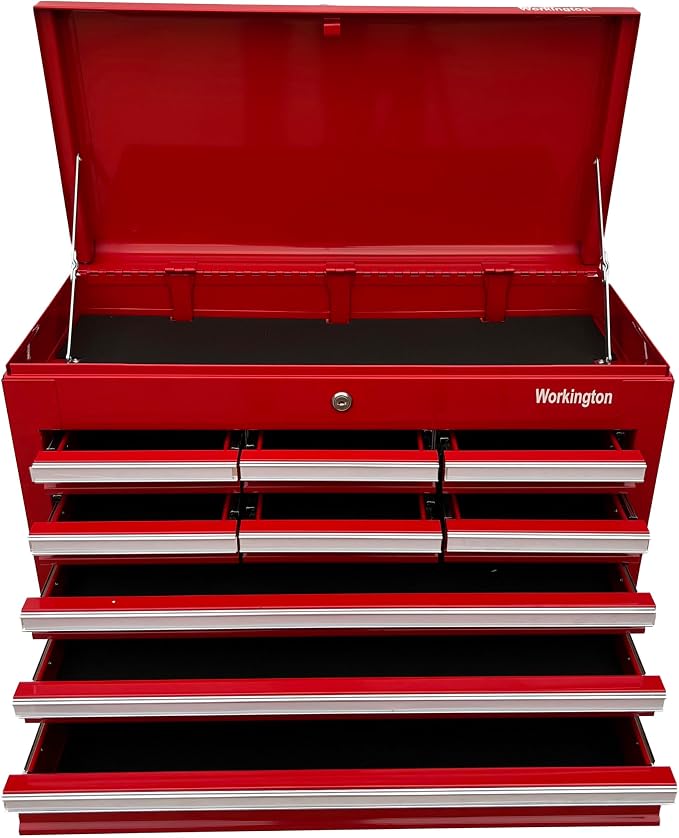 Workington Professional Industrial Portable Metal Tool Chest with 9 Drawers, 26" 9-Drawer Tool Chest Cabinet with Ball Bearing Drawer Slides, Steel Tool Storage Box Organizer 4016 Red