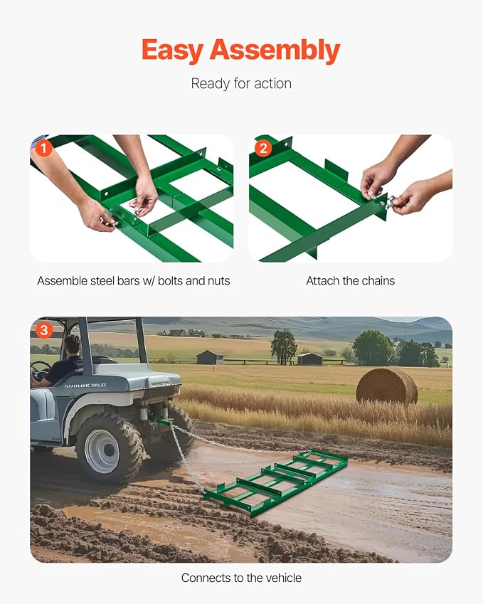 VEVOR Drag Harrow, 6 ft Heavy Duty Tow Behind Drag Harrow with Adjustable Bars & 72 in Chain, Driveway Grader Landscape Rake for ATV, UTV, Tractor, Mower Tow Behind Yard Lawn Leveling Tool