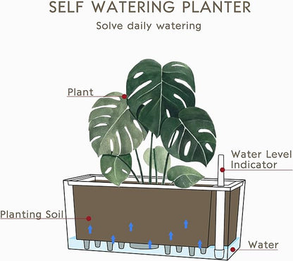SAROSORA 14" Self Watering Planter Pots with Water Level Indicator, Rectangle Matte Plastic Window Box for Indoor Outdoor, Herbs Succulents Flowers House Plants (White)