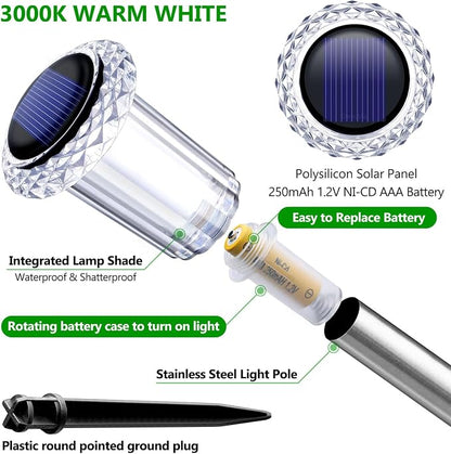 DenicMic Solar Garden Lights Outdoor Waterproof Warm White LED 15 Pack | Yard Garden Driveway Walkway Landscape Path Lights, Starburst Pattern, Acrylic Diamond-like Lampshade Stainless Steel Pole