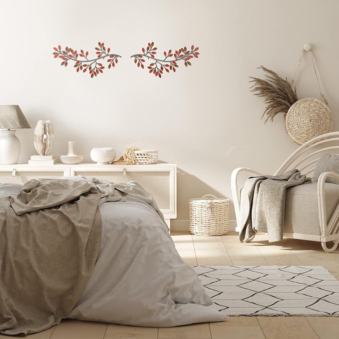 Hotop 2 Pieces Metal Tree Leaf Wall Decor Vine Olive Branch Leaf Wall Art Wrought Iron Scroll Sculptures Above the Bed, Living Room, Outdoor Decoration(Classic Style,Rusty Color)