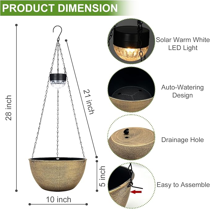 BAYN 2 Packs Solar Hanging Basket Planters for Plants Outdoor | Self Watering, Copper Flower Pots with Solar Light , Hanging Planters with Drainer for Balcony Patio Garden Decoration