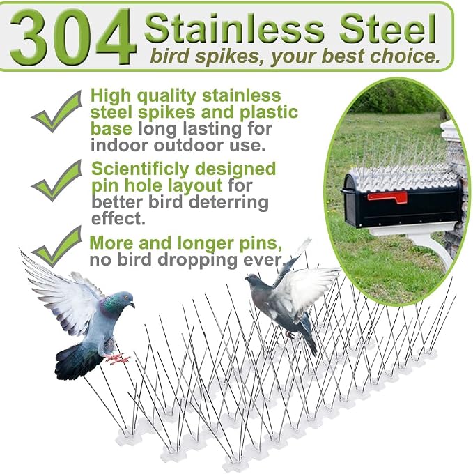 Bird Spikes for Pigeons Small Birds Stainless Steel 60 feet Coverage Outdoor Use Bird Spikes Strips for Fence with 304 Stainless Steel Pins and Plastic Base Flexible Use