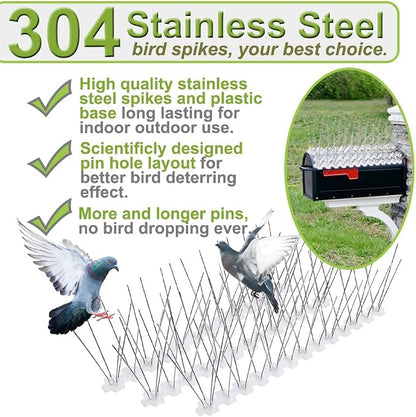 Bird Spikes for Pigeons Small Birds Stainless Steel 60 feet Coverage Outdoor Use Bird Spikes Strips for Fence with 304 Stainless Steel Pins and Plastic Base Flexible Use