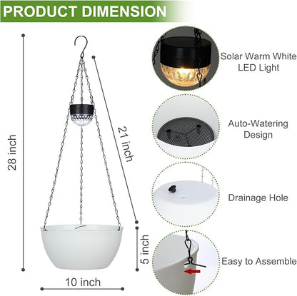 BAYN 2 Packs Solar Hanging Basket Planters for Plants Outdoor | Self Watering, White Flower Pots with Solar Light , Hanging Planters with Drainer for Balcony Patio Garden Decoration