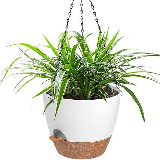 Vanslogreen Hanging Planters for Indoor Outdoor Plants, 1 Set Self Watering Hanging Pot with Drainage Holes & Removable Tray (White-12inch, 12'')