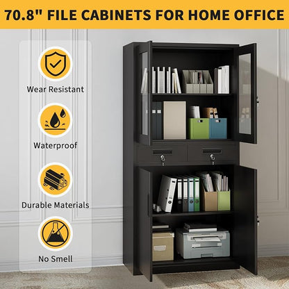 71" Black Metal Storage Cabinet with Glass Doors, Garage Storage with 2 Drawers + 2 Adjustable Shelves, Heavy Duty Tool Cabinet with Locking Doors for School, Workshop, Office, Black