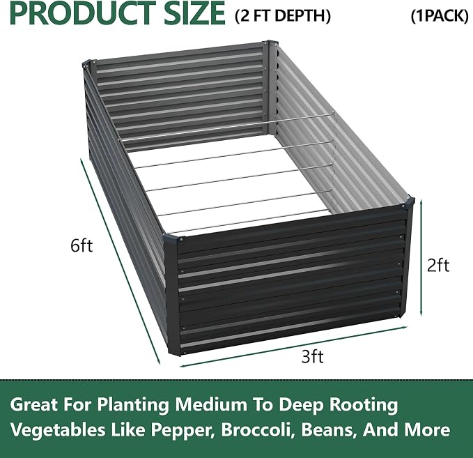 Vengarus 6x3x2ft Galvanized Raised Garden Bed,Metal Raised Beds Kit Black | 2FT Deep Root Elevated Garden Planter Box, Corrugated Steel, Open Bottom, Rustproof All Weather, Large Vegetable Flower Bed
