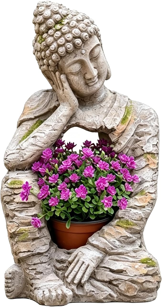 suruim Buddha Statue Outdoor Resin Garden Sculpture with Planting Opening, Zen Statue with Distressed Stone Look, Buddha Decor for Patio Yard Porch Entryway Home Meditation Space Seated Zen Decor