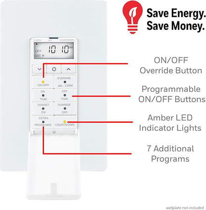 UltraPro Daysmart 7-Day Digital In-Wall Timer, Presets/Countdown, Programmable Settings, Override, Sunrise/Sunset, Light Timer Switch for Indoor Lighting, Porch, Seasonal, LED, 40954