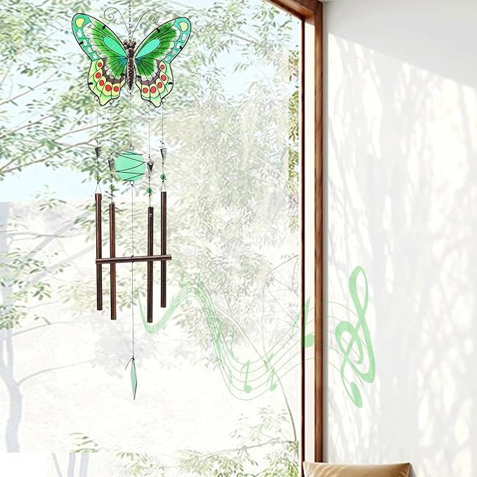 MUMTOP Butterfly Wind Chimes for Outside, Stained Glass Wind Chime Windchimes for Patio, Outdoor,Garden,Yard,Coastal,Window,Home Decor or Gifts for Women(Green)