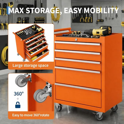 IDEALHOUSE Rolling Tool Chest, 5 Drawers Tool Storage Cabinet, Toolbox with Wheels, Portable Tool Cabinet Organizer with Locking System & Drawer Liners, Tool Storage Cart for Garage, Workshop, Orange