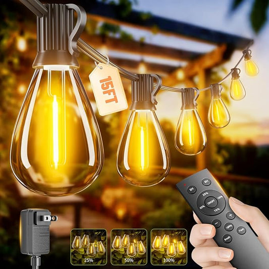 99FT LED Outdoor String Lights with Remote Control, 35+1 Bulbs Dimmable Patio Lights, 3 Lighting Modes & 3/6H Timer, 2700K Warm White, Weatherproof Hanging Lights for Backyard Garden