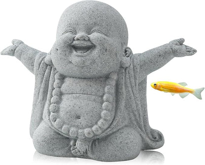 Laughing Buddha Sandstone Statues Mini Zen Monk Figurine Small Buddha Sculptures Fish Tank Decoration Landscaping Garden Outdoor Ornaments for Wealth Good Luck