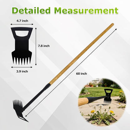 60" Wooden Handle 2 in 1 Uprooting Tool,7-Tine Garden Hoe for Weeding,Weed Remover for Yard,Sidewalks,Driveways,and Areas Around Residential Entrance Fences(7-Tooth Wooden Handle)