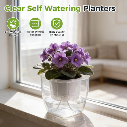 3-Pack Clear Self Watering Planters for Indoor Plants 7" Large African Violet Plant Pots Plastic Wick Flower Pots with Water Injection Hole, Orchid Plant Pot Set, Clear