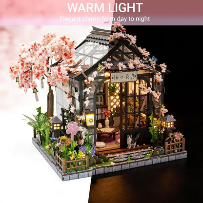 DIY Miniature House Kit, Fairy Dollhouse for Adults to Build, Mini Home Building Kit with Wooden Furniture & LED Lights,Garden Detials, Gift for Family and Friends (Spring Sakura Greenhouse)
