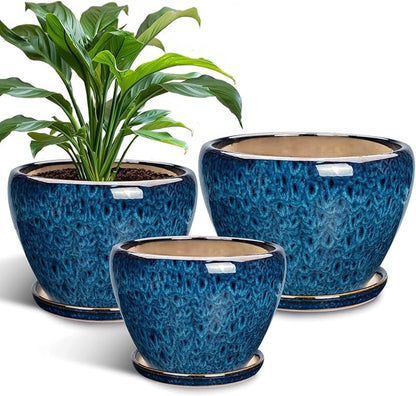 Unijoy Ceramic Plant Pots Indoor Planter - 6 8 10 inch Flower Pot Set with Drainage & Saucer - Large Outdoor Decor for Round Succulent Small Cactus Modern Style - Gift for Plant Lovers