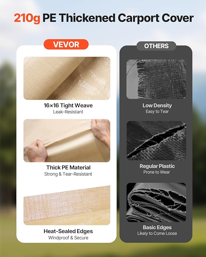 VEVOR Carport Replacement Canopy Cover, 10 x 20 ft Potable Garage Tent Top Tarp with Sidewalls, UV-Resistant & Waterproof, Heavy Duty Car Shelter Tarp with Ball Buggees, Beige, Frame Not Included