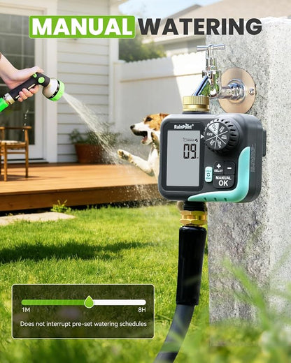 RAINPOINT Sprinkler Timer for Garden Hose - Hose Timer with Cycle & Soak/Rain Delay/Automatic Watering/Manual Watering, Programmable Irrigation System with Large Display for Lawn, Yard, Brass Inlet