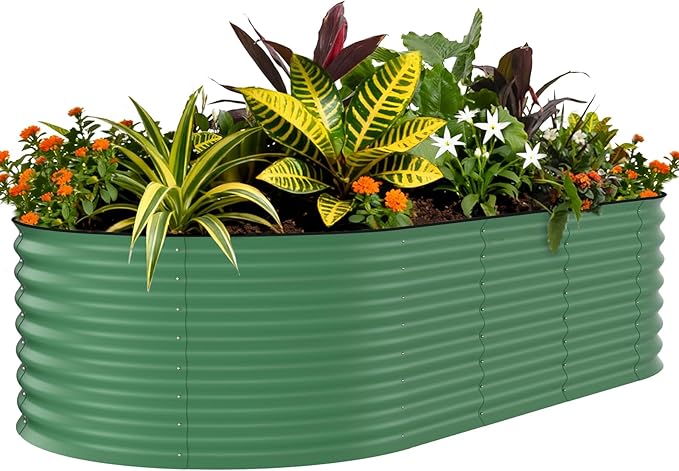 GarveeTech Oval Raised Garden Bed 8x4x2 ft - 0.6mm Thick Metal Raised Bed, Rust & Corrosion Resistant, Open Bottom for Drainage, Anti-Cut Strip Included, for Vegetables Flowers Planting, Green